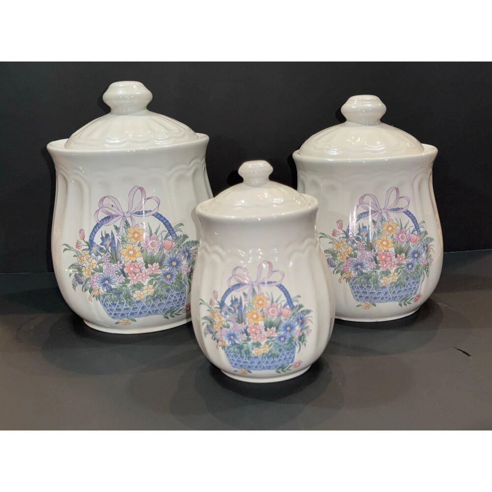 Vintage Set of 3 Stanhome Porcelain Kitchen Canister Set w/ Floral Basket Design